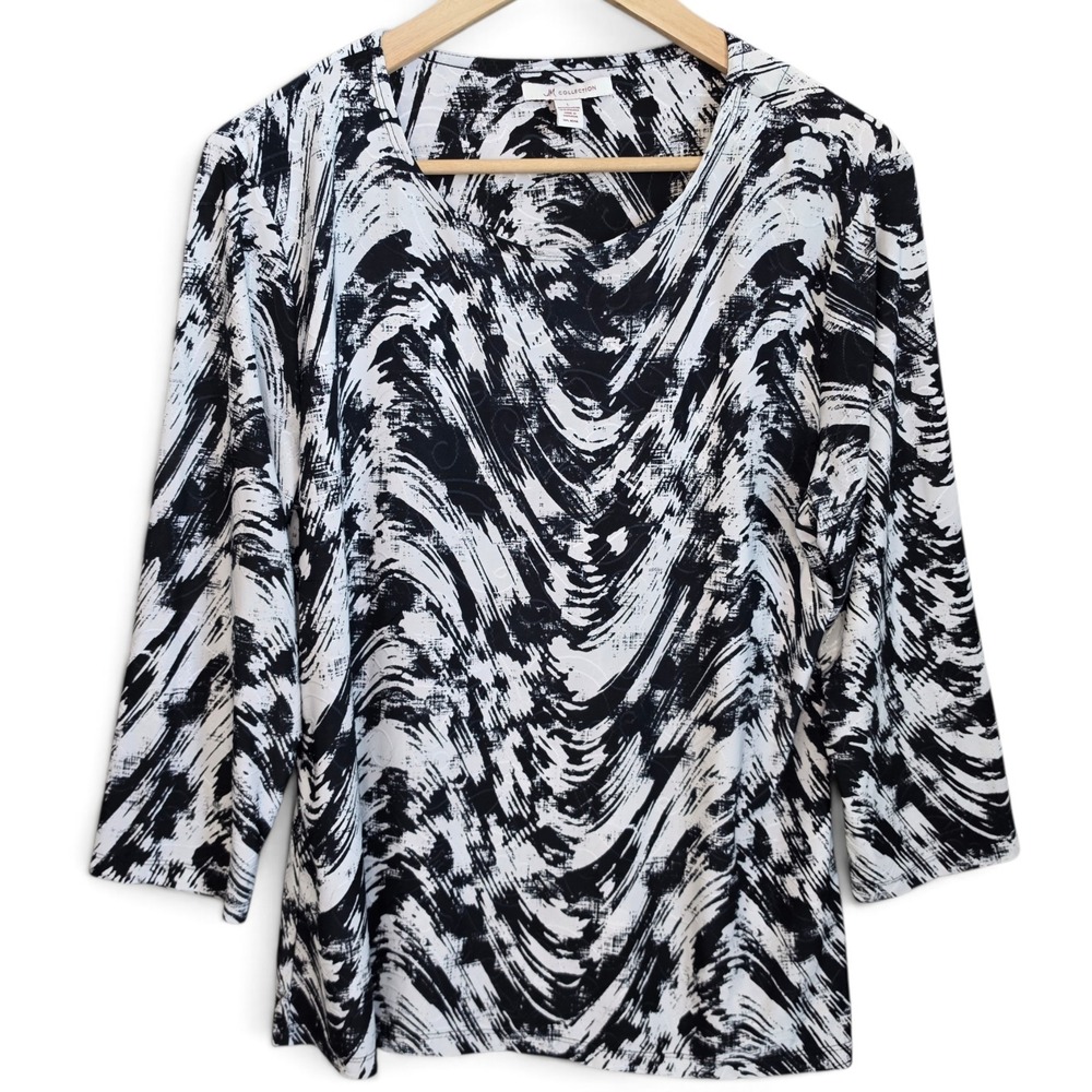 JM Collection Top Womens Large L Black White Abstract Brushstroke 3/4 Sleeve